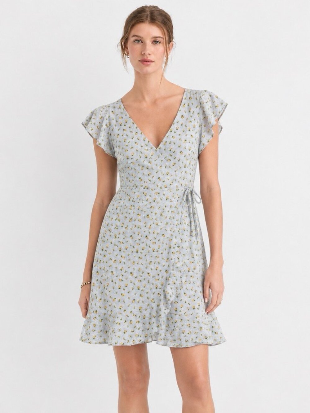 NEW LOFT Floral Gingham Wrap Dress Sz 14 Blue Yellow Ruffle Hem Flutter Sleeves